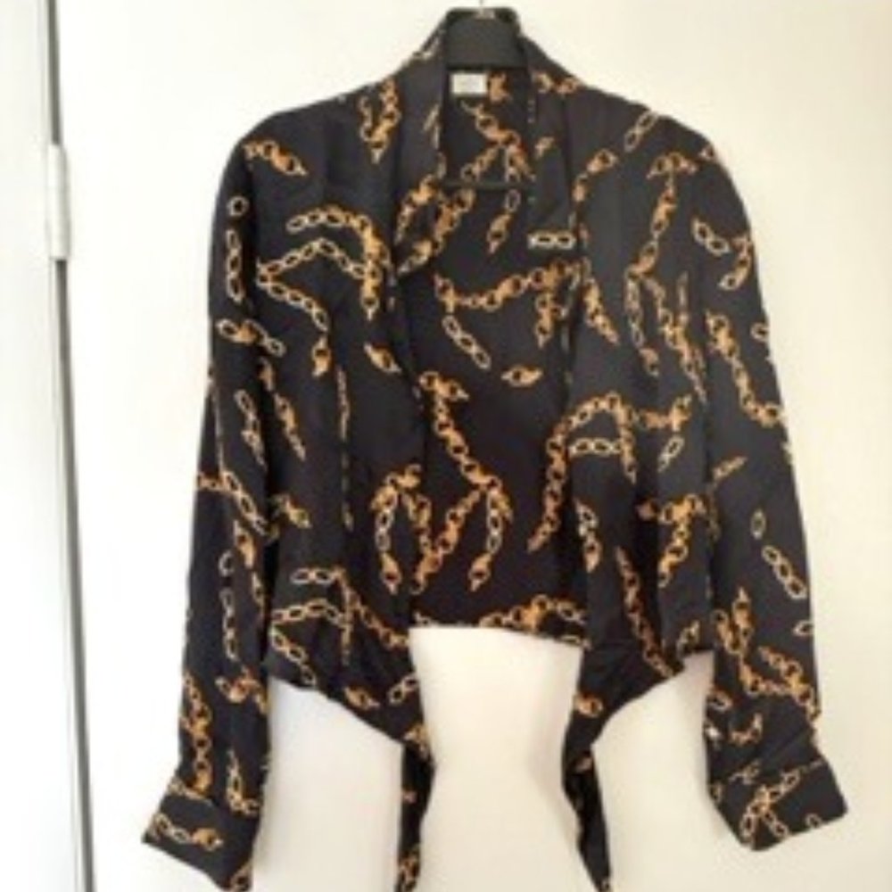 Black Silk Blouse with Gold Chain Decoration
